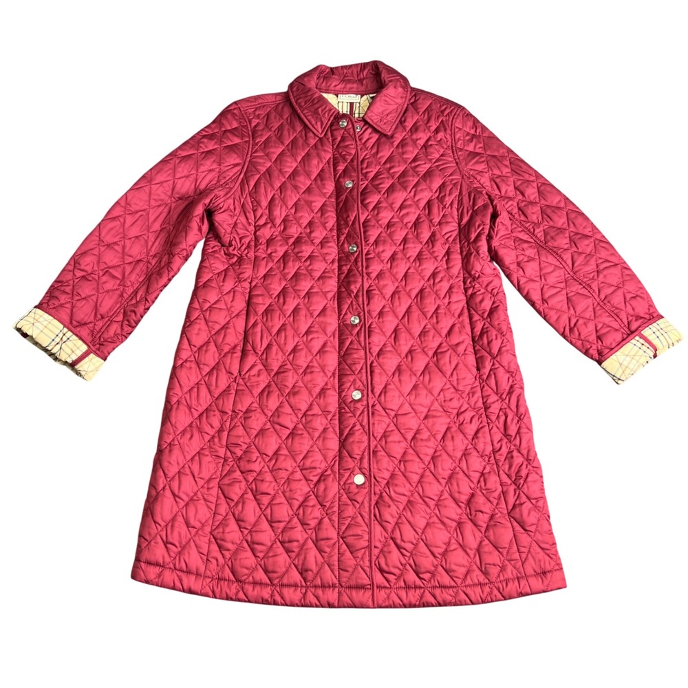 LL Bean Red Quilted Barn Coat Plaid Lined Diamond Quilt Jacket Womens M Pet